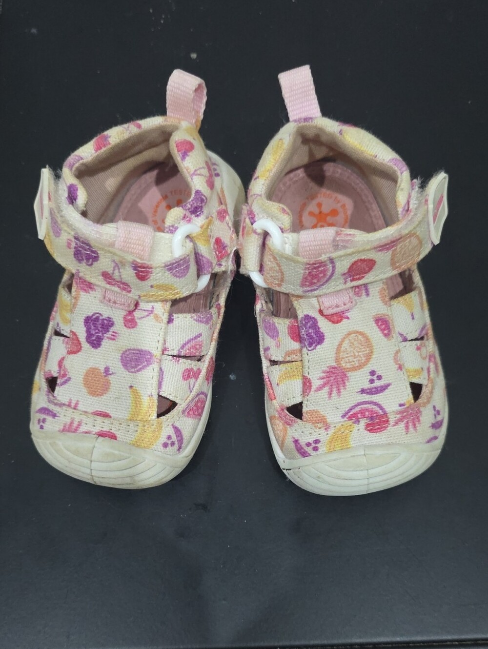 Kids Pink Fruit-Print Closed-Toe Sandals with Hook-and-Loop Strap